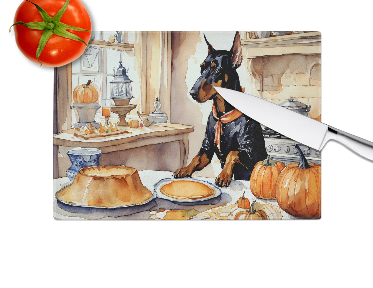 Doberman Pinscher Fall Kitchen Pumpkins Glass Cutting Board