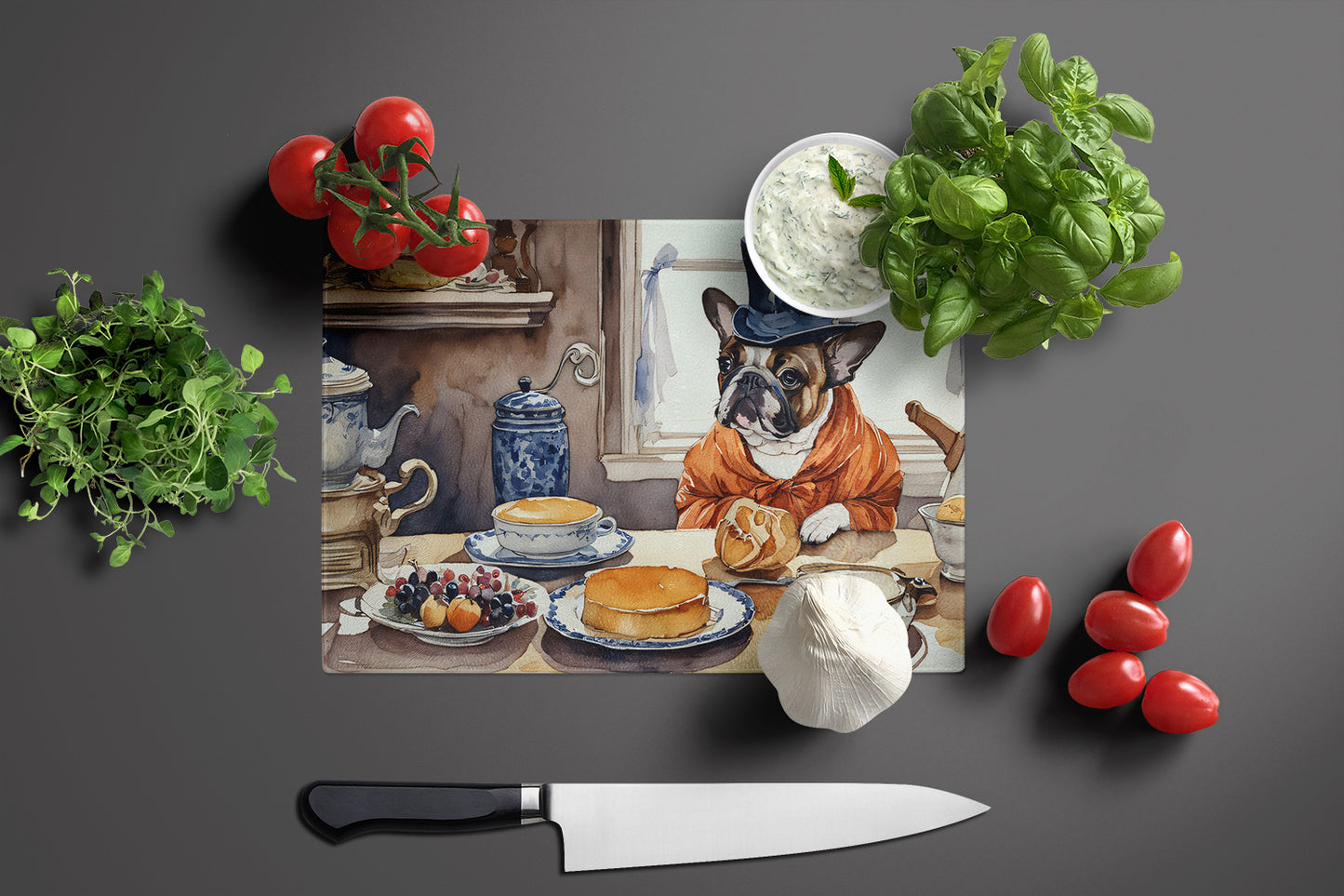 French Bulldog Fall Kitchen Pumpkins Glass Cutting Board