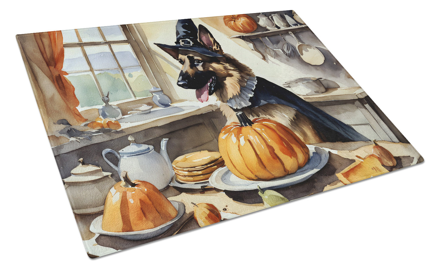 Buy this German Shepherd Fall Kitchen Pumpkins Glass Cutting Board