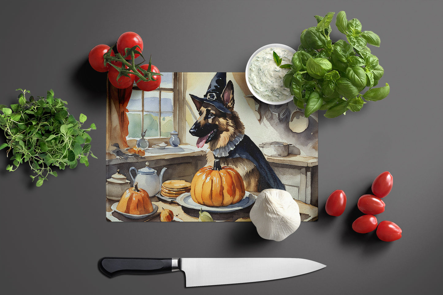 German Shepherd Fall Kitchen Pumpkins Glass Cutting Board