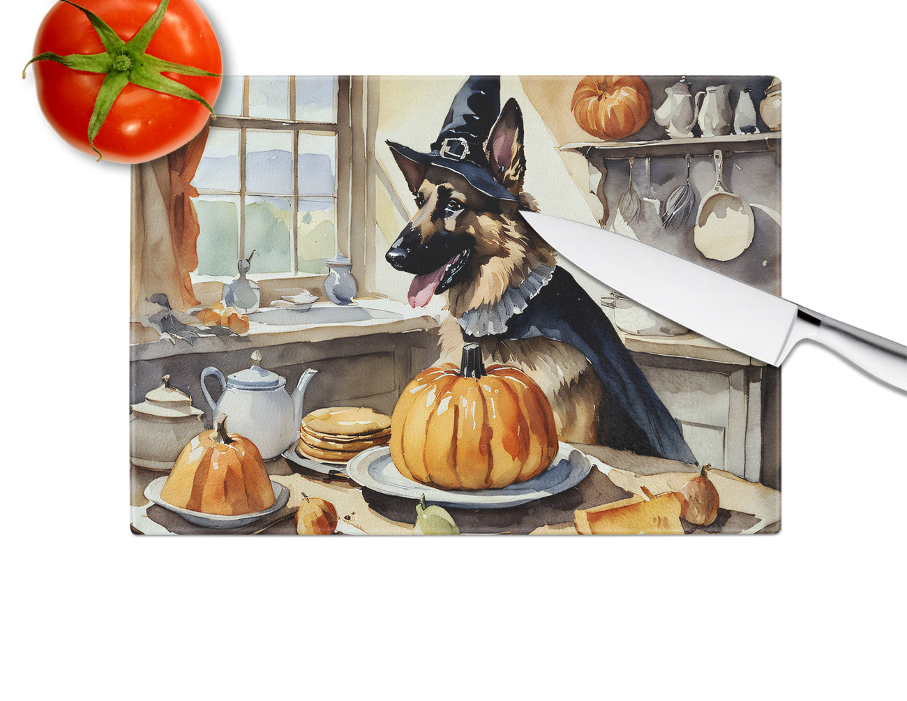 German Shepherd Fall Kitchen Pumpkins Glass Cutting Board