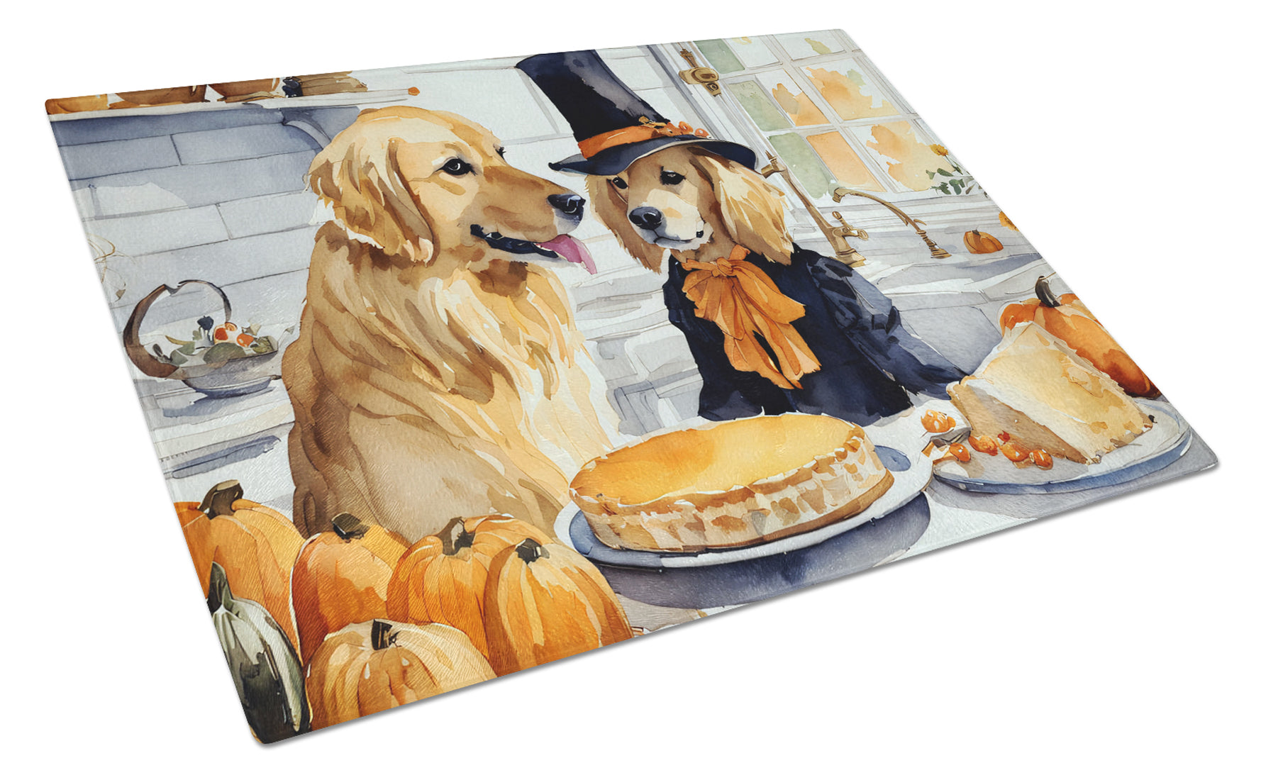 Buy this Golden Retriever Fall Kitchen Pumpkins Glass Cutting Board