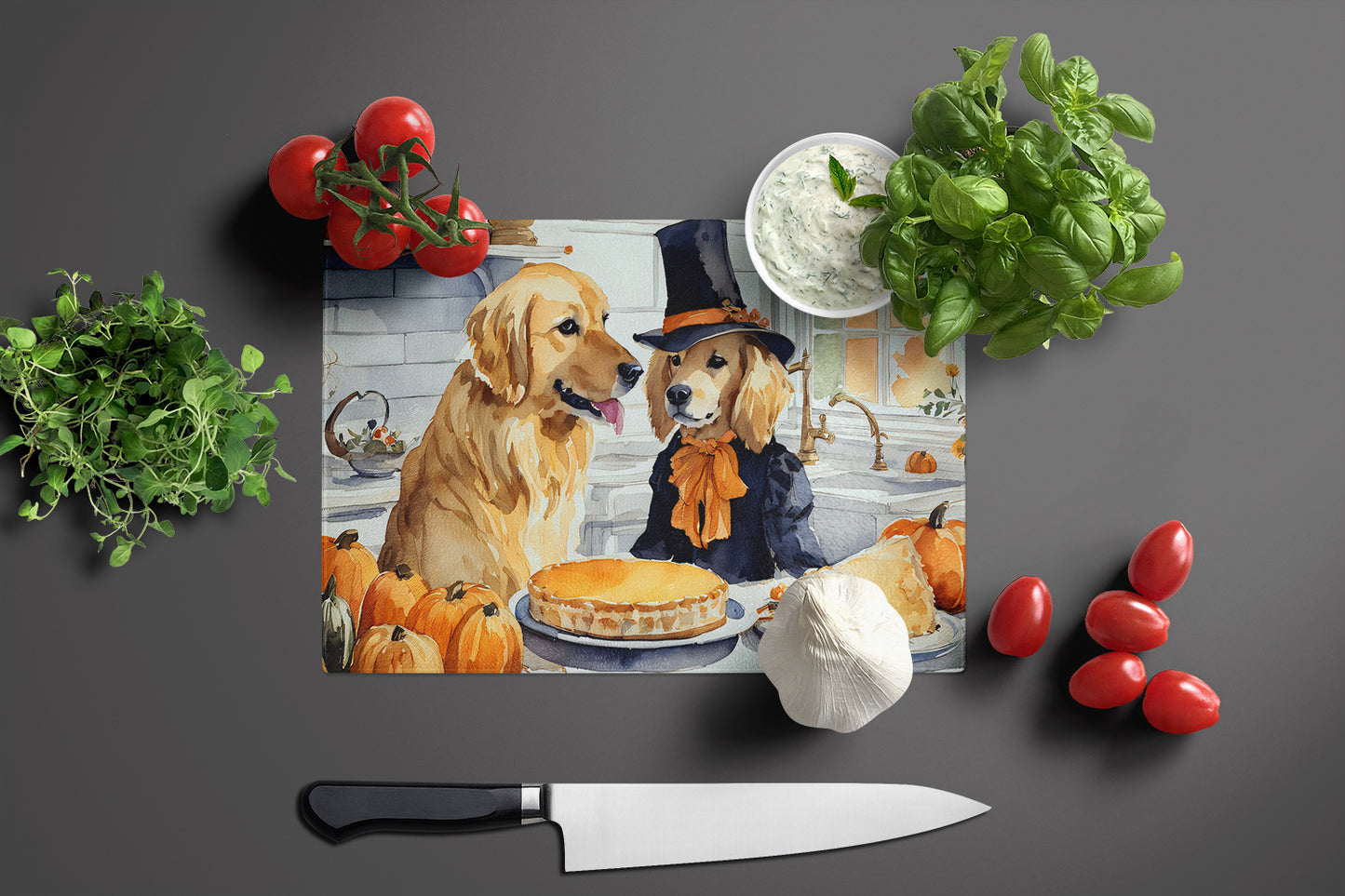 Golden Retriever Fall Kitchen Pumpkins Glass Cutting Board