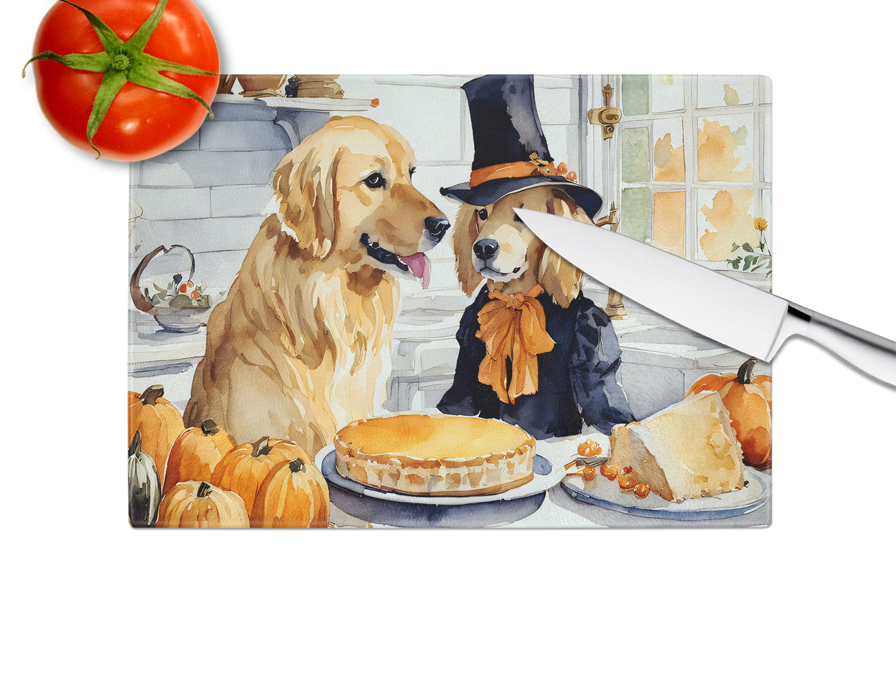 Golden Retriever Fall Kitchen Pumpkins Glass Cutting Board