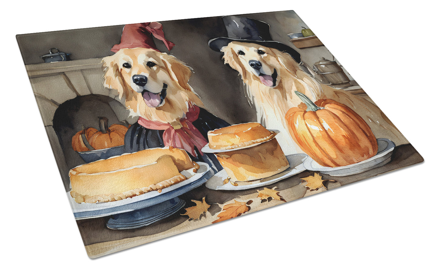 Buy this Golden Retriever Fall Kitchen Pumpkins Glass Cutting Board