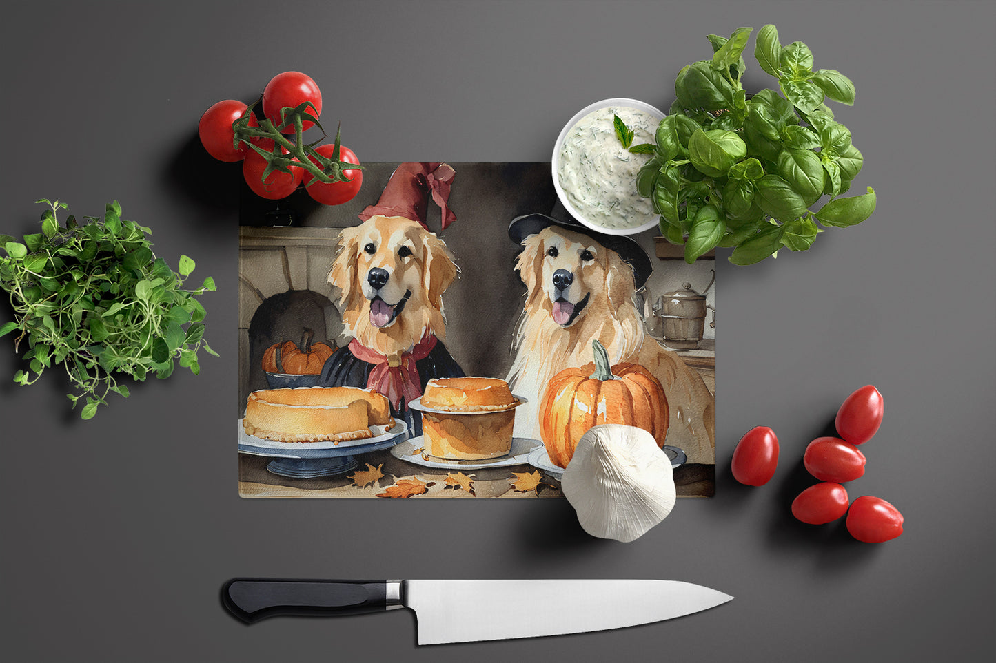 Golden Retriever Fall Kitchen Pumpkins Glass Cutting Board