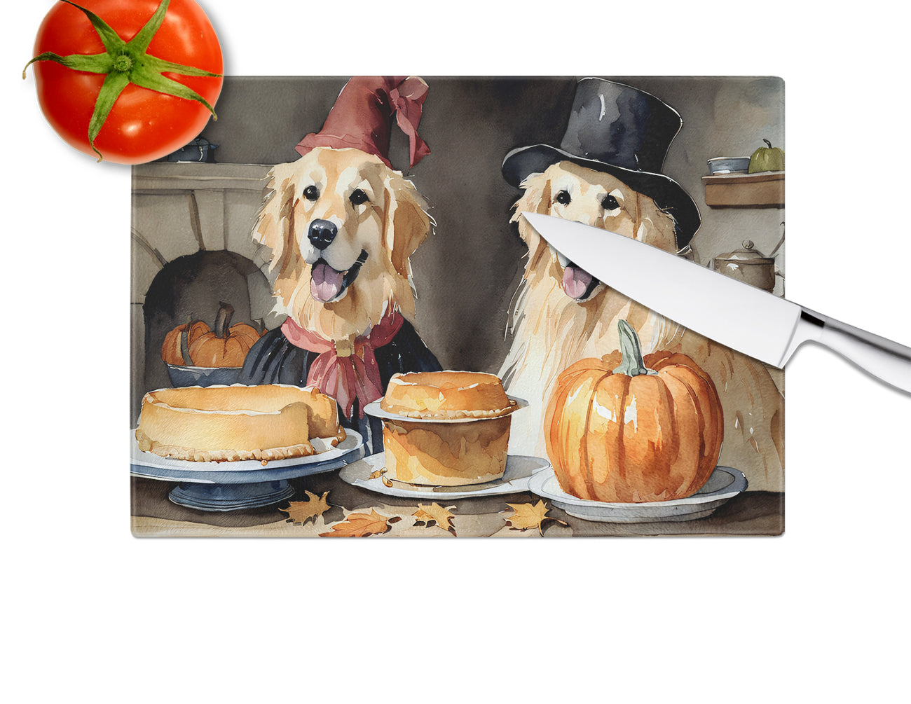 Golden Retriever Fall Kitchen Pumpkins Glass Cutting Board