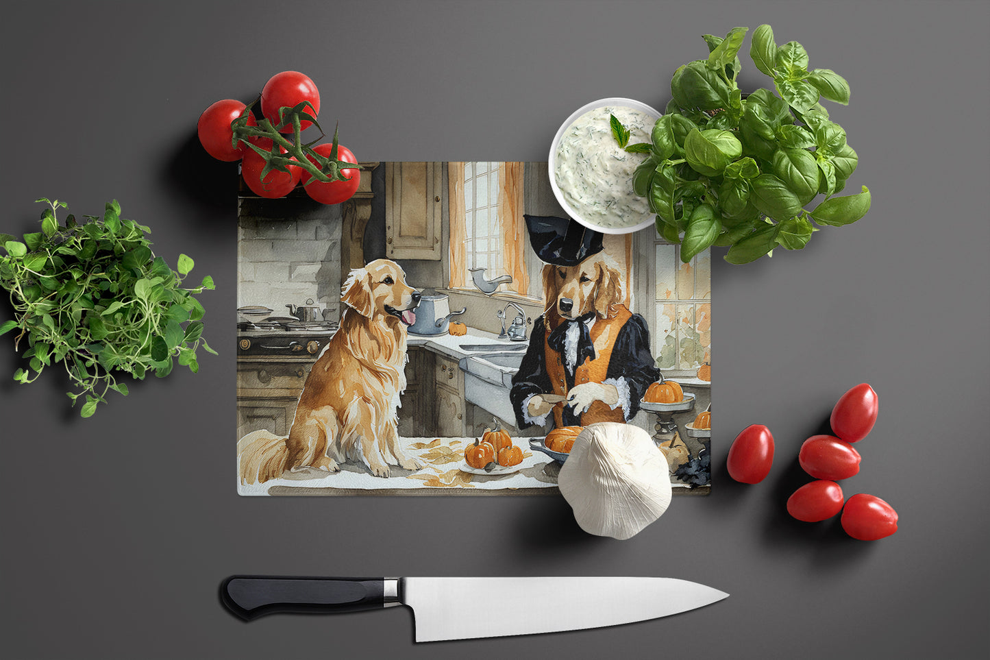 Golden Retriever Fall Kitchen Pumpkins Glass Cutting Board