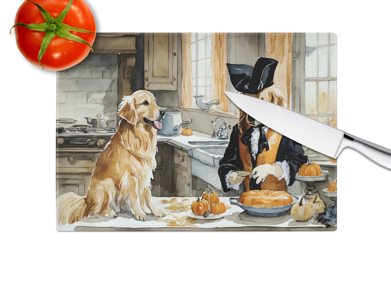 Golden Retriever Fall Kitchen Pumpkins Glass Cutting Board