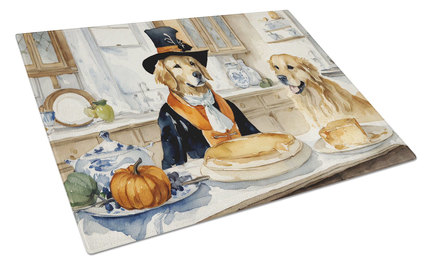 Buy this Golden Retriever Fall Kitchen Pumpkins Glass Cutting Board