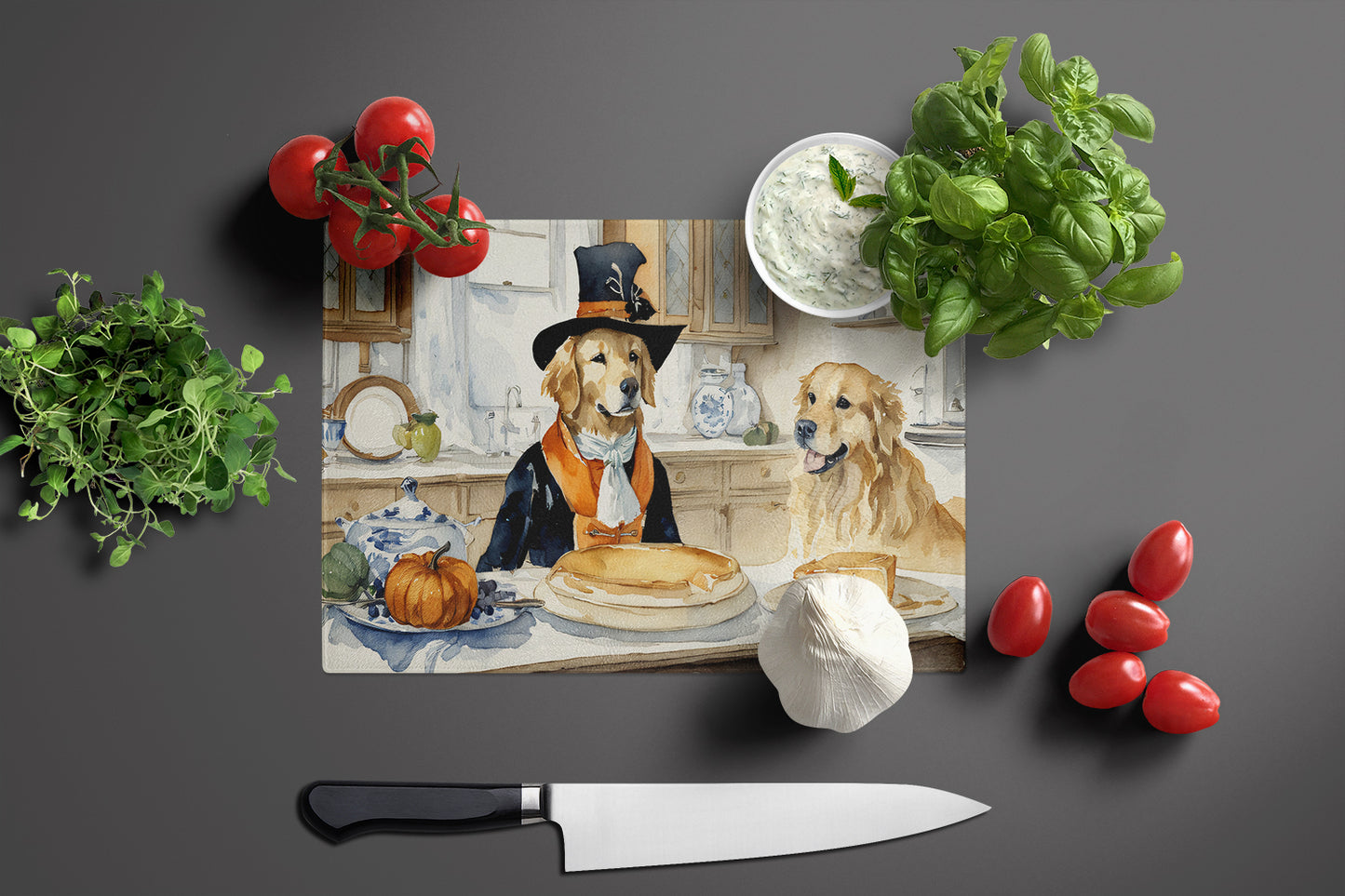 Golden Retriever Fall Kitchen Pumpkins Glass Cutting Board