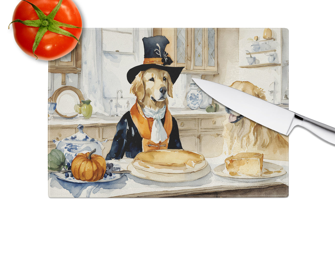 Golden Retriever Fall Kitchen Pumpkins Glass Cutting Board