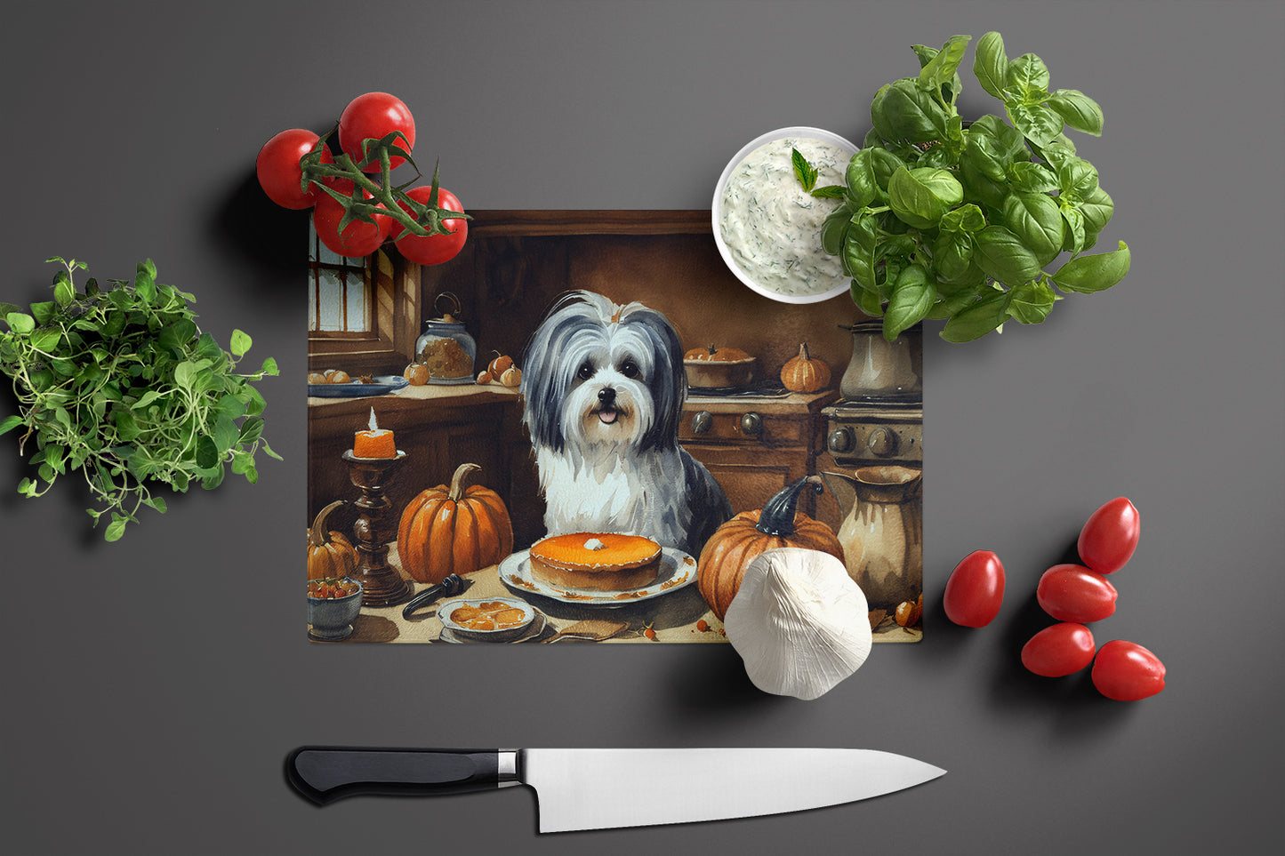 Havanese Fall Kitchen Pumpkins Glass Cutting Board