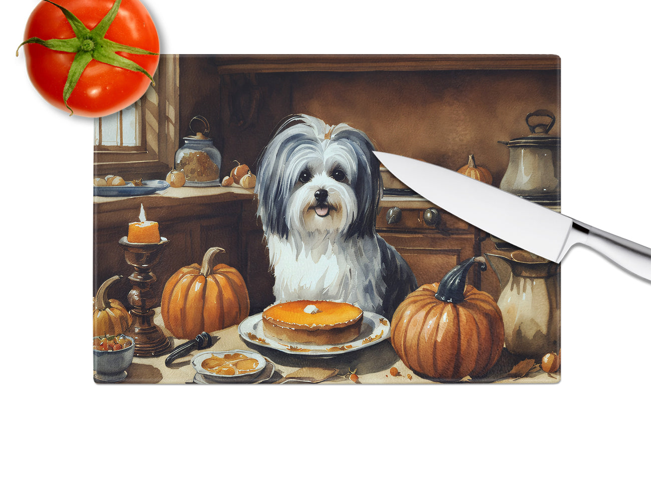 Havanese Fall Kitchen Pumpkins Glass Cutting Board