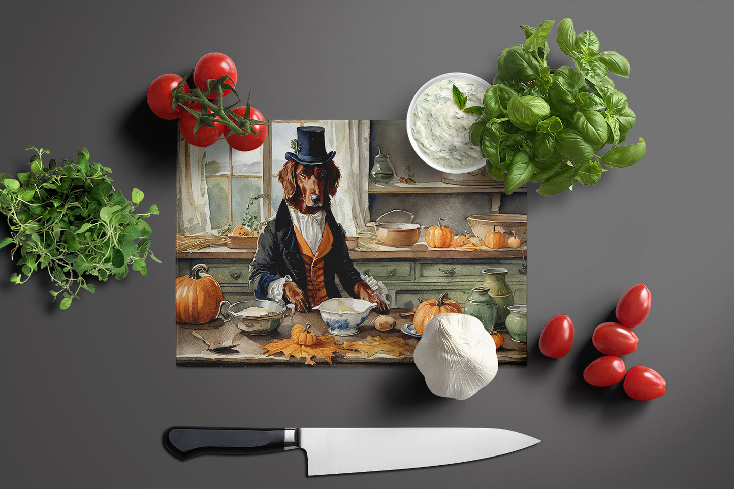 Irish Setter Fall Kitchen Pumpkins Glass Cutting Board