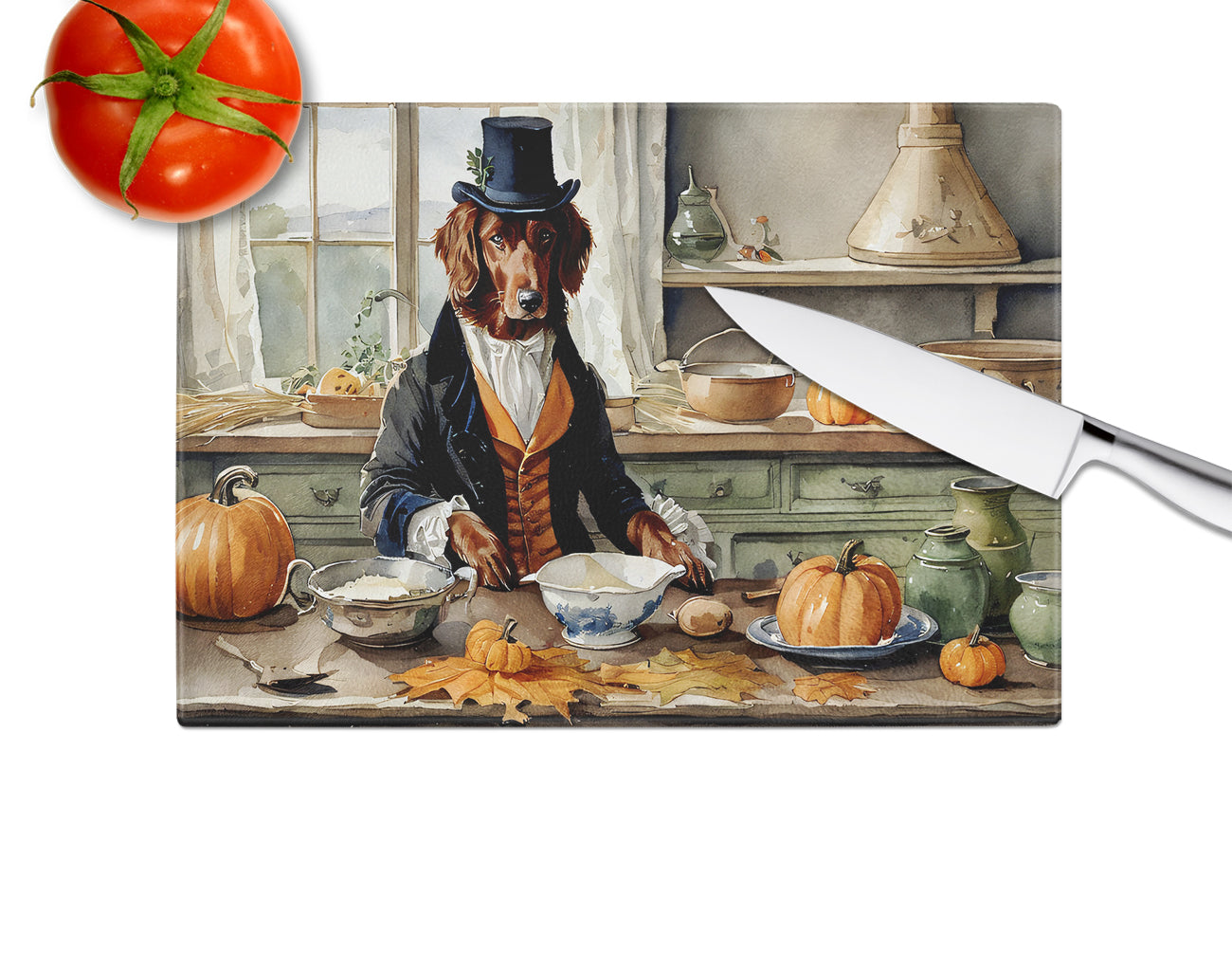 Irish Setter Fall Kitchen Pumpkins Glass Cutting Board