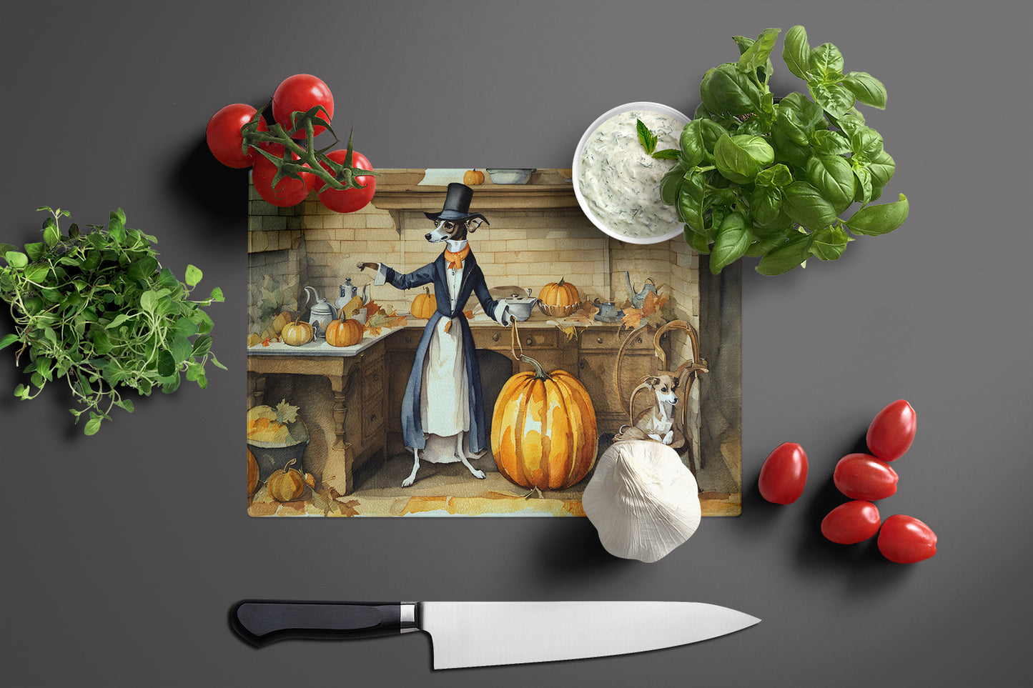 Italian Greyhound Fall Kitchen Pumpkins Glass Cutting Board