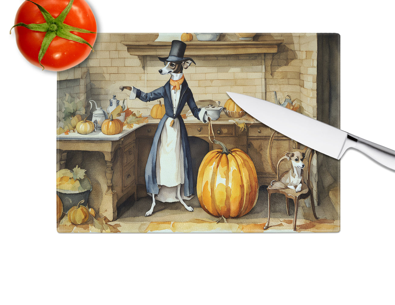 Italian Greyhound Fall Kitchen Pumpkins Glass Cutting Board