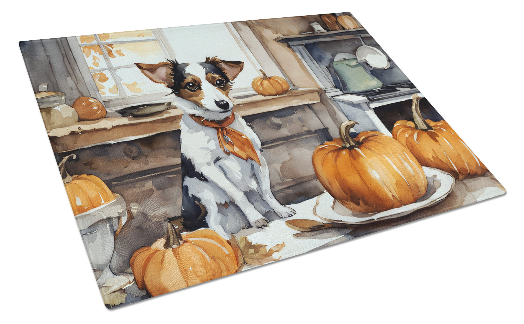 Buy this Jack Russell Terrier Fall Kitchen Pumpkins Glass Cutting Board