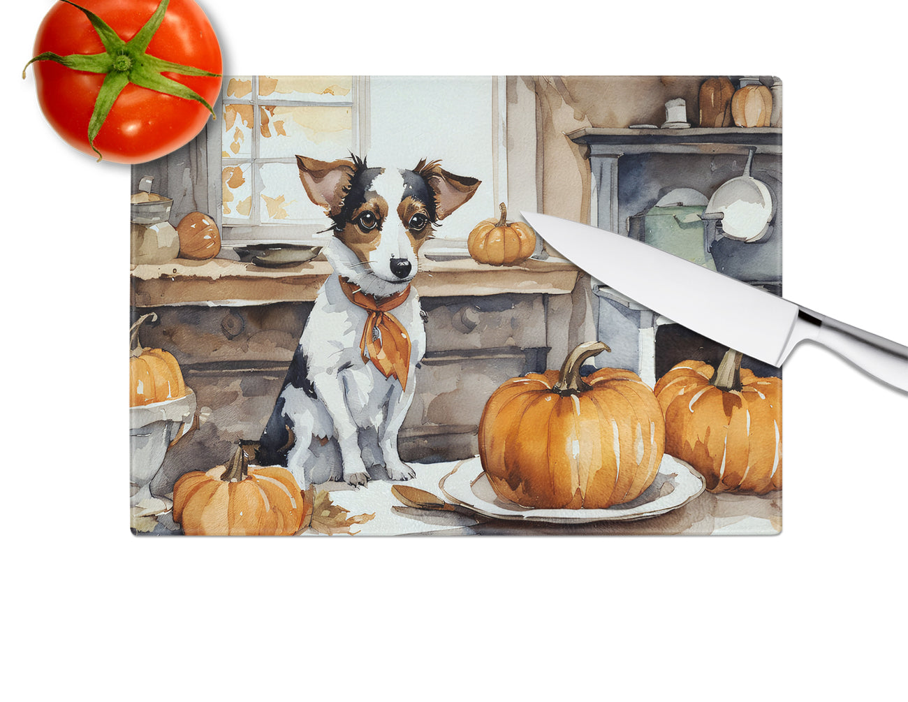 Jack Russell Terrier Fall Kitchen Pumpkins Glass Cutting Board