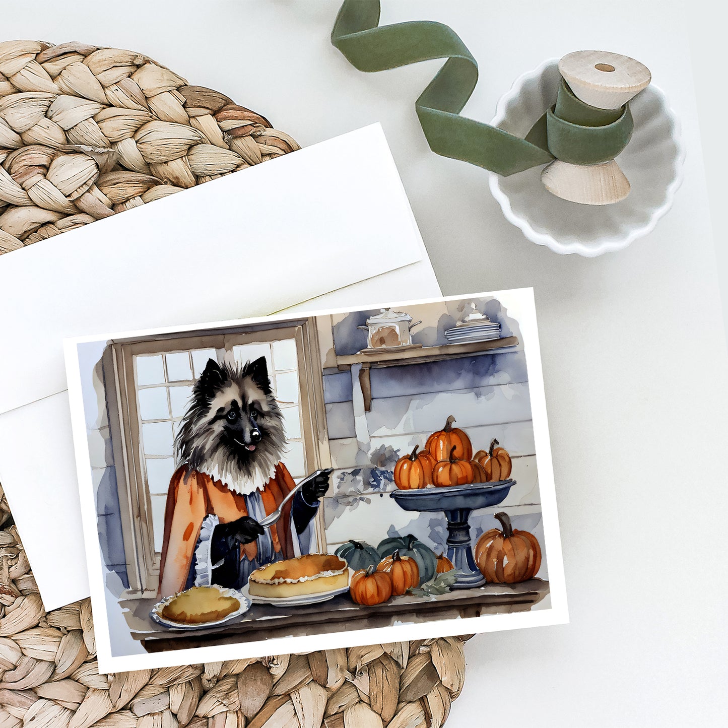 Keeshond Fall Kitchen Pumpkins Greeting Cards Pack of 8