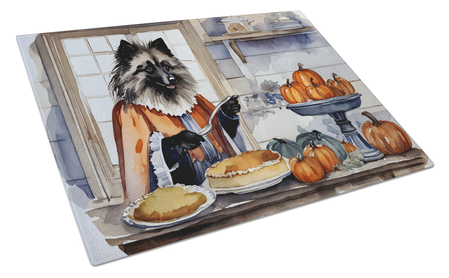 Buy this Keeshond Fall Kitchen Pumpkins Glass Cutting Board