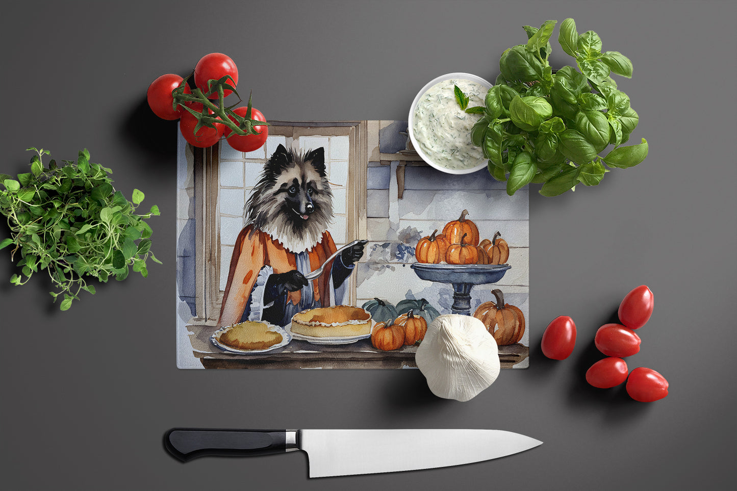 Keeshond Fall Kitchen Pumpkins Glass Cutting Board