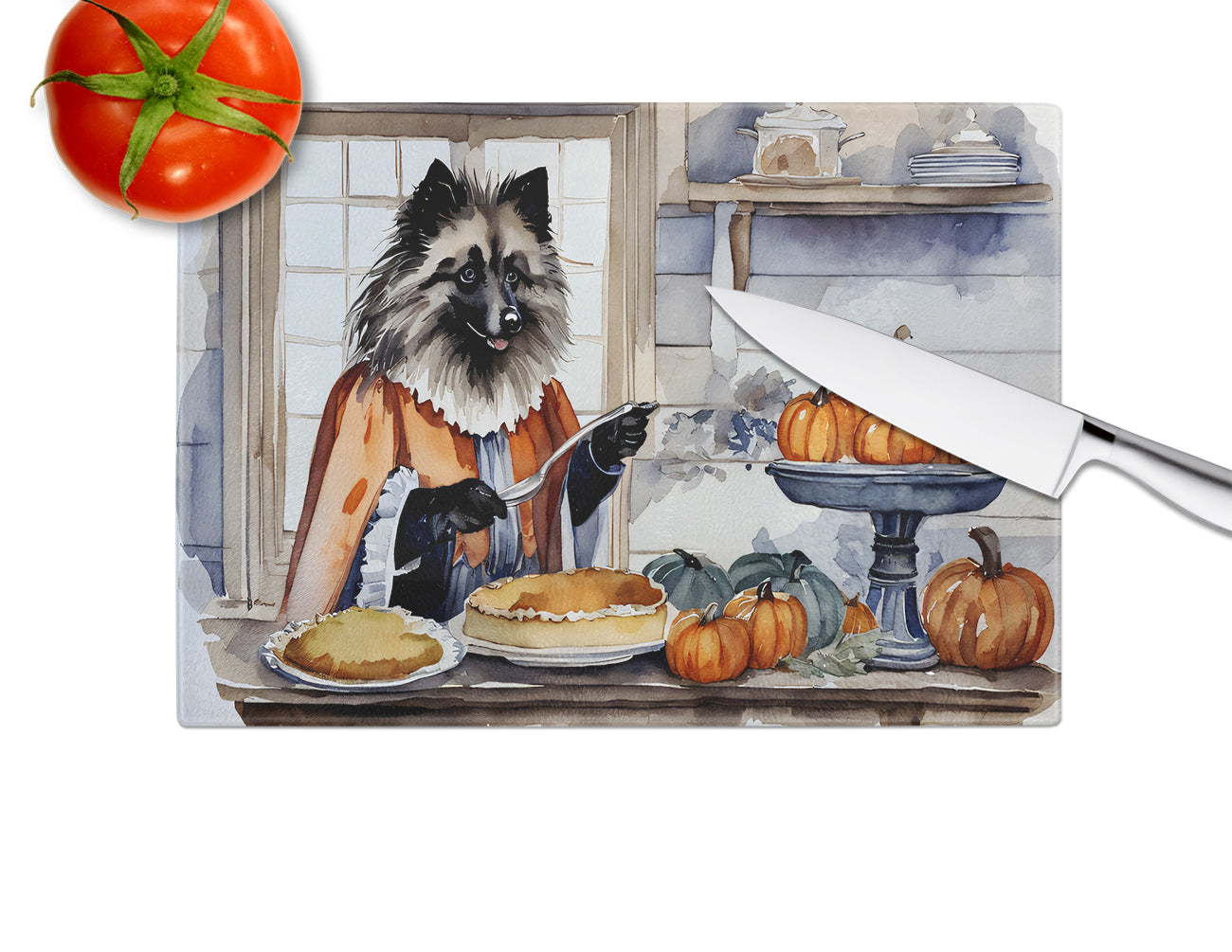 Keeshond Fall Kitchen Pumpkins Glass Cutting Board