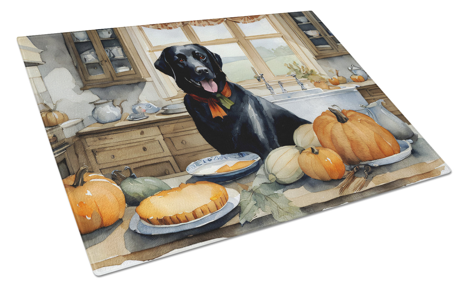 Buy this Black Lab Fall Kitchen Pumpkins Glass Cutting Board