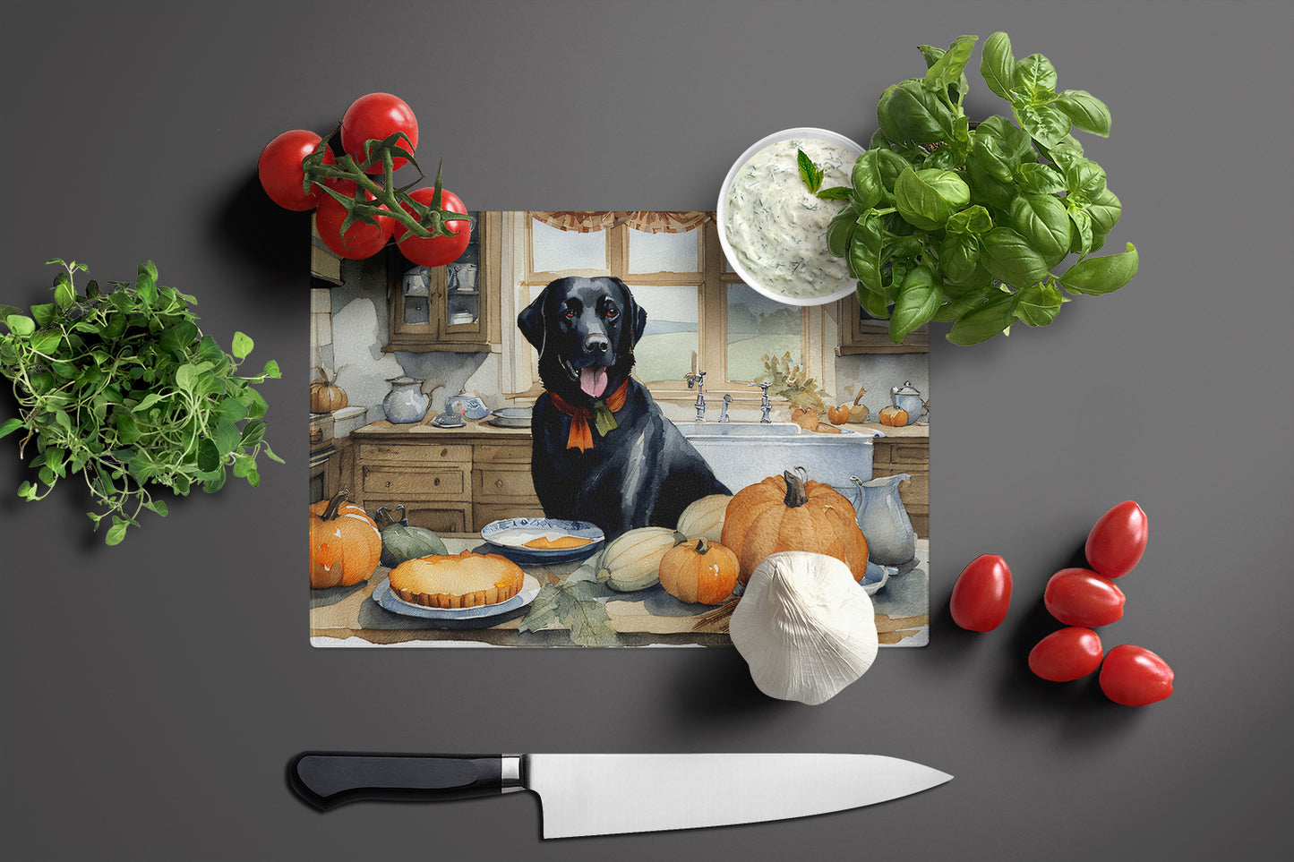 Black Lab Fall Kitchen Pumpkins Glass Cutting Board