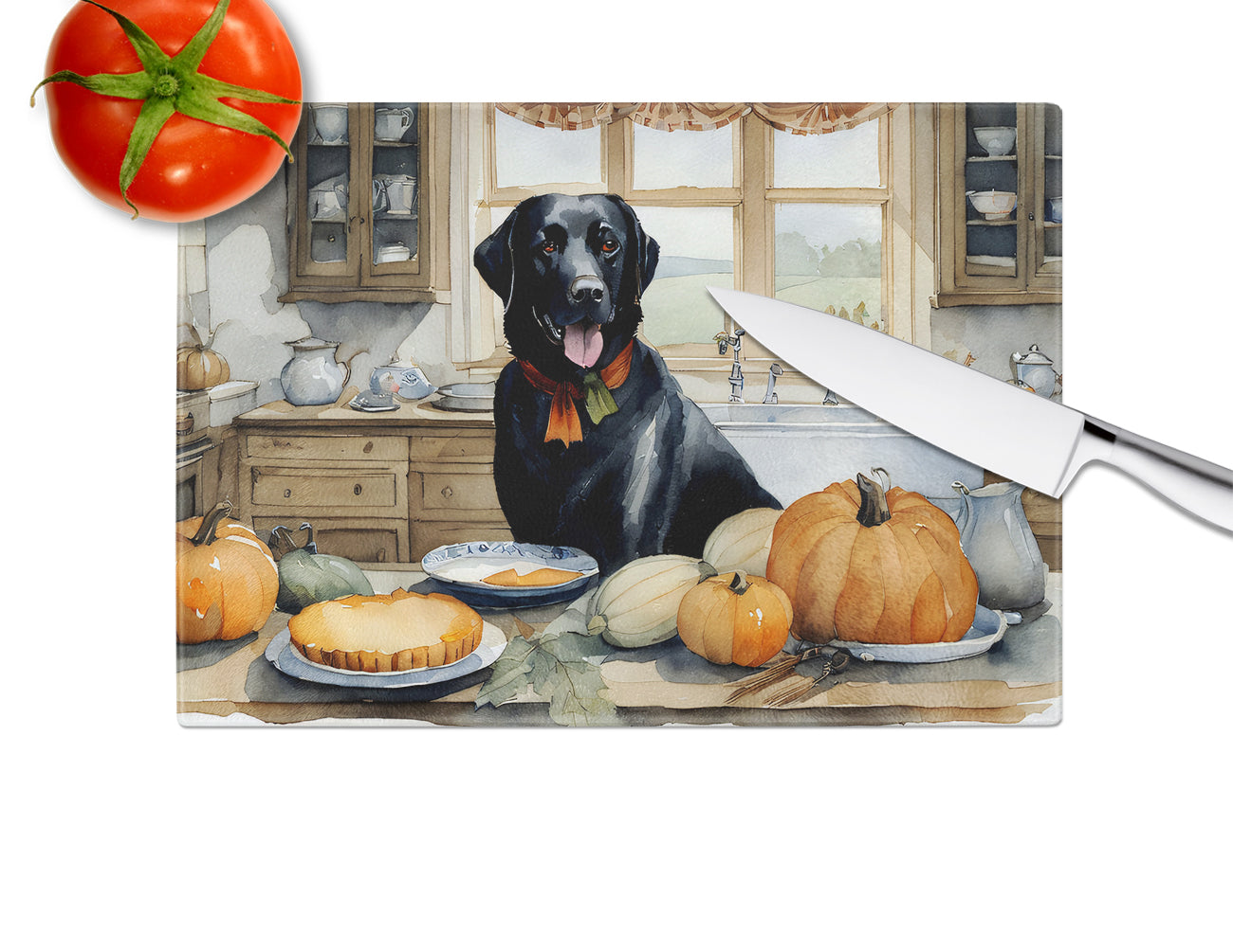 Black Lab Fall Kitchen Pumpkins Glass Cutting Board