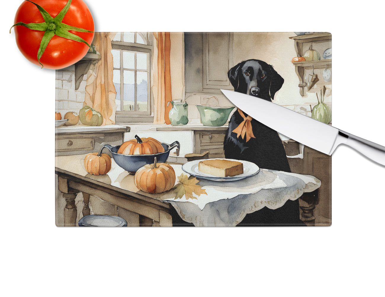 Black Lab Fall Kitchen Pumpkins Glass Cutting Board