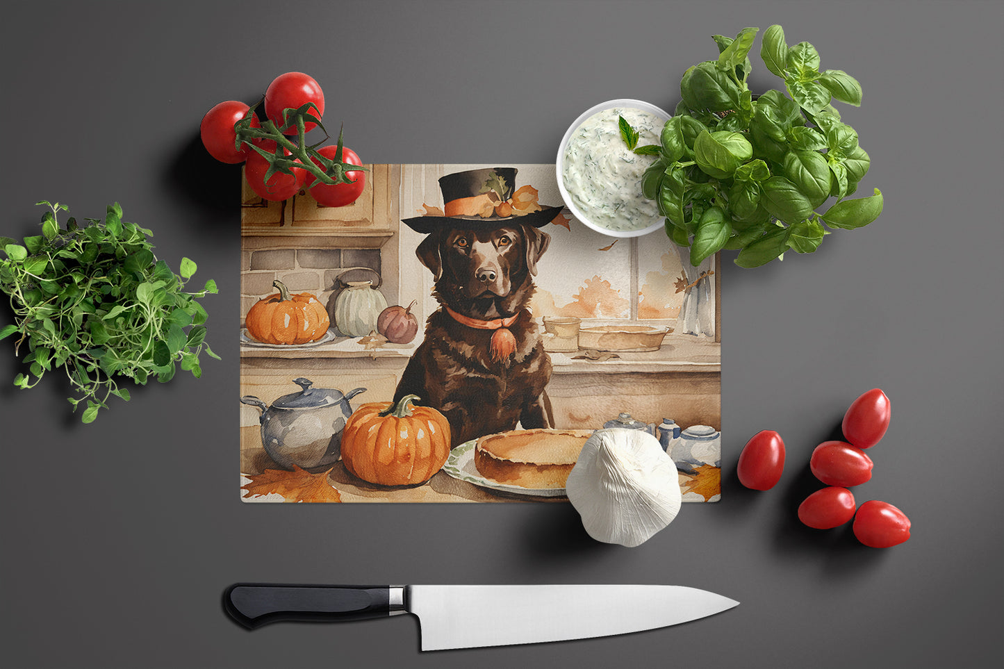 Chocolate Lab Fall Kitchen Pumpkins Glass Cutting Board