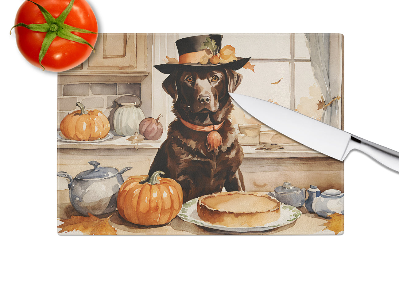 Chocolate Lab Fall Kitchen Pumpkins Glass Cutting Board