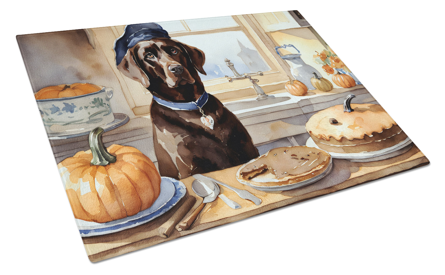 Buy this Chocolate Lab Fall Kitchen Pumpkins Glass Cutting Board