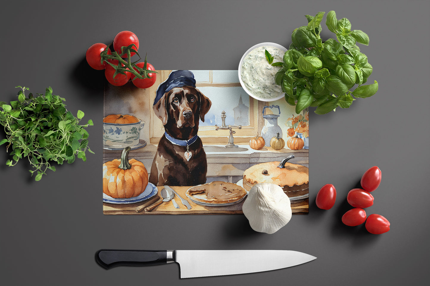 Chocolate Lab Fall Kitchen Pumpkins Glass Cutting Board