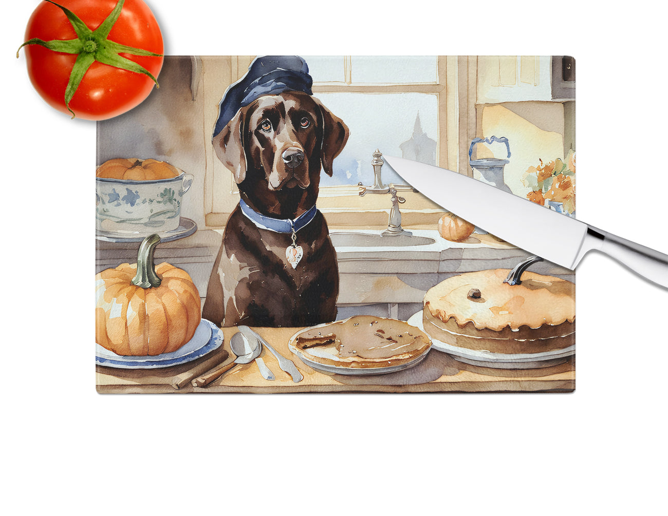 Chocolate Lab Fall Kitchen Pumpkins Glass Cutting Board