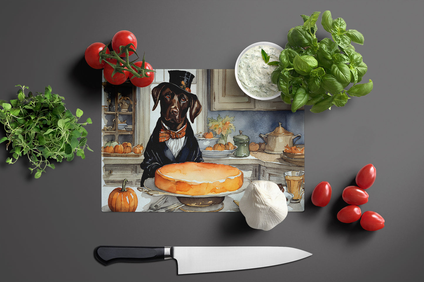 Chocolate Lab Fall Kitchen Pumpkins Glass Cutting Board