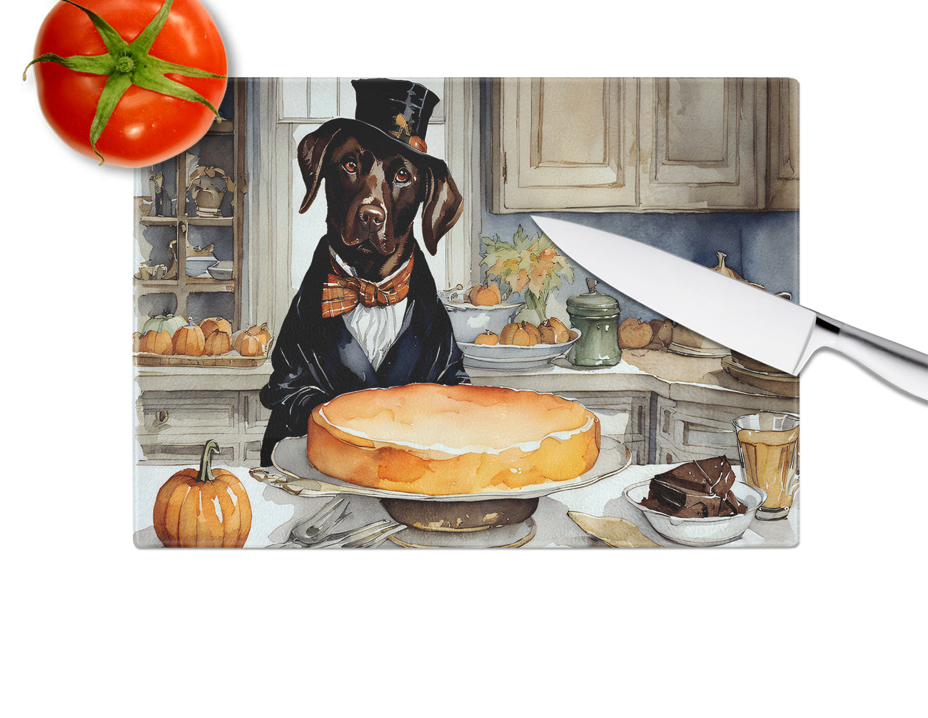 Chocolate Lab Fall Kitchen Pumpkins Glass Cutting Board