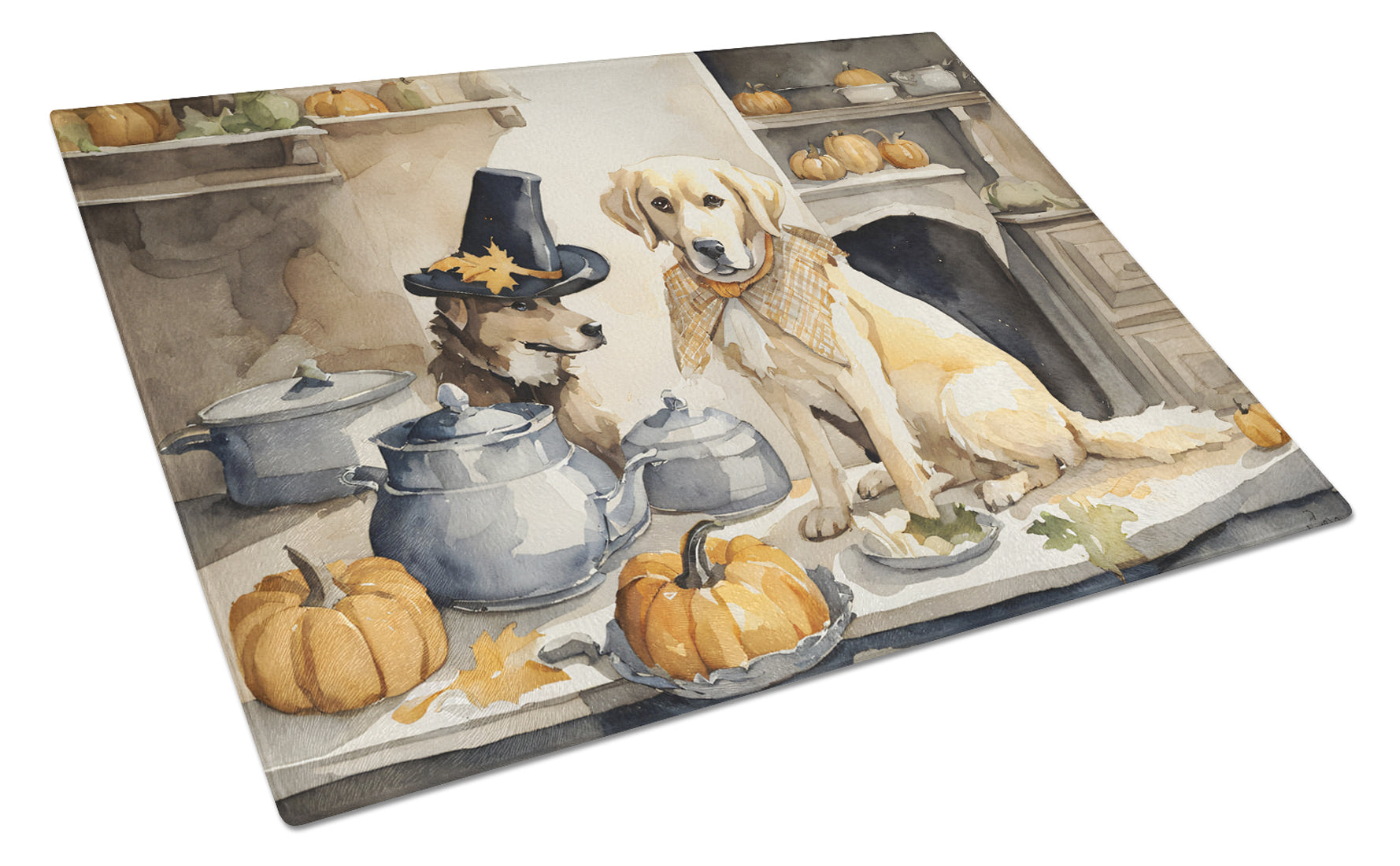 Buy this Yellow Lab Fall Kitchen Pumpkins Glass Cutting Board