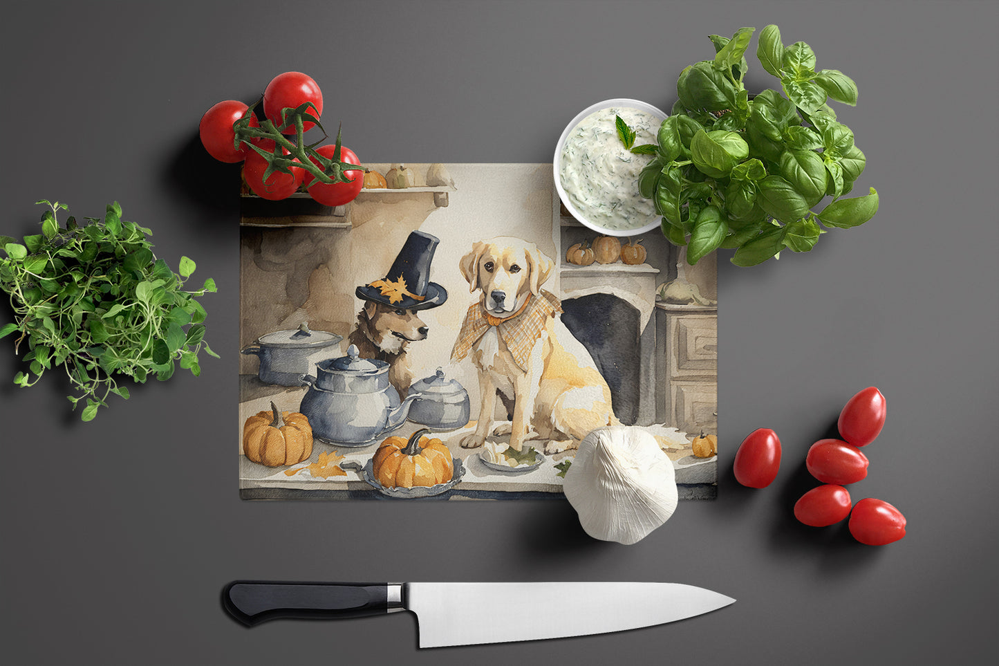 Yellow Lab Fall Kitchen Pumpkins Glass Cutting Board