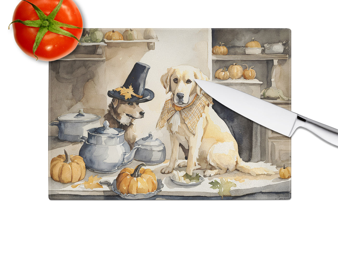 Yellow Lab Fall Kitchen Pumpkins Glass Cutting Board