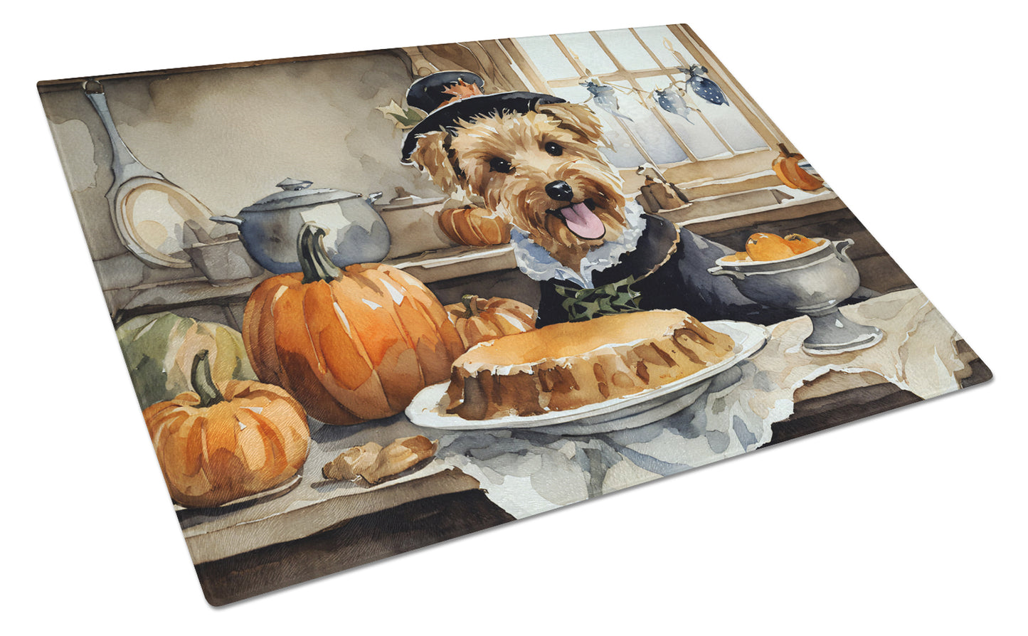 Buy this Lakeland Terrier Fall Kitchen Pumpkins Glass Cutting Board