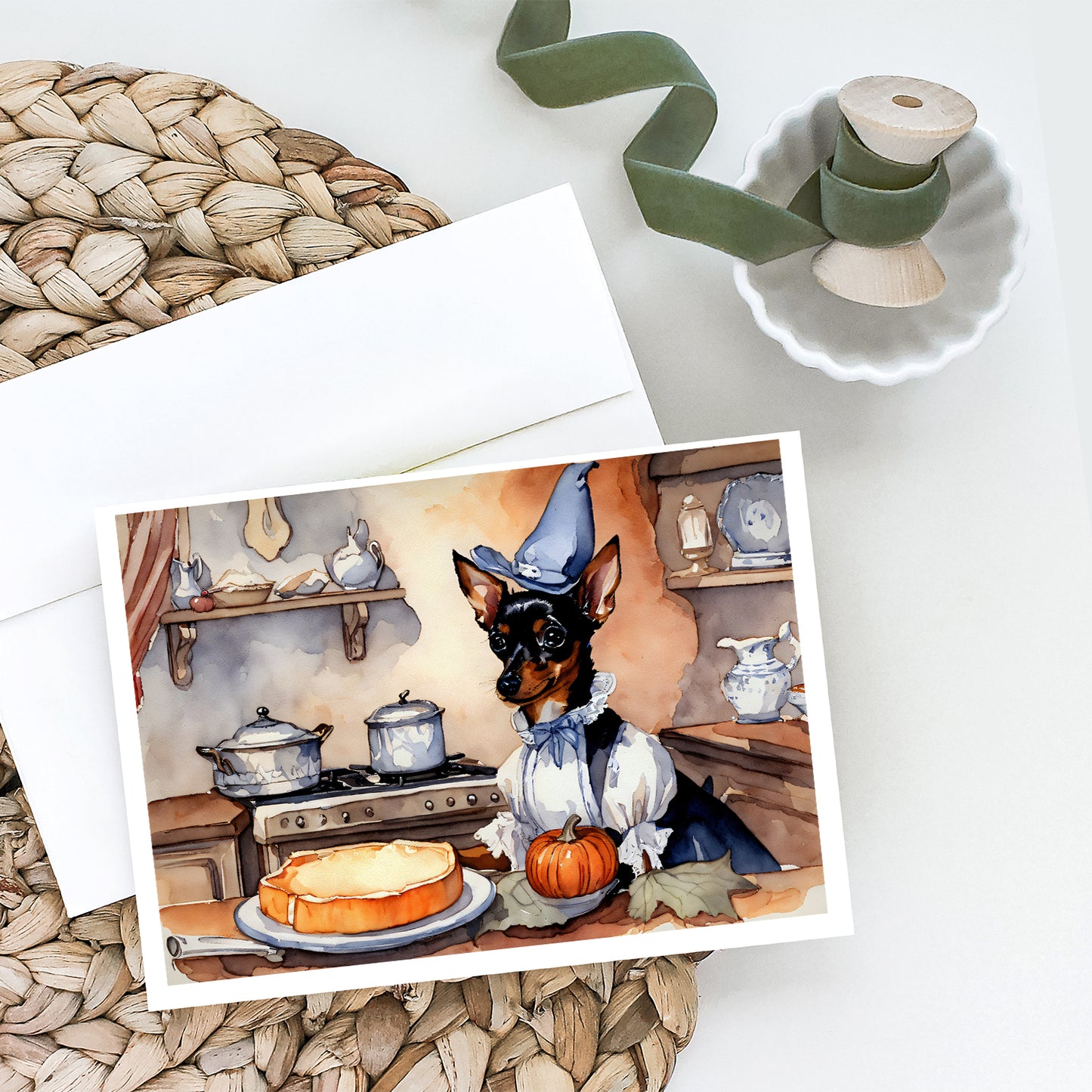 Miniature Pinscher Fall Kitchen Pumpkins Greeting Cards Pack of 8