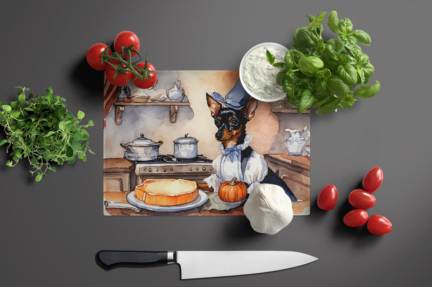 Miniature Pinscher Fall Kitchen Pumpkins Glass Cutting Board