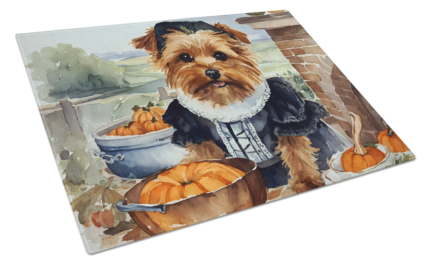 Buy this Norfolk Terrier Fall Kitchen Pumpkins Glass Cutting Board