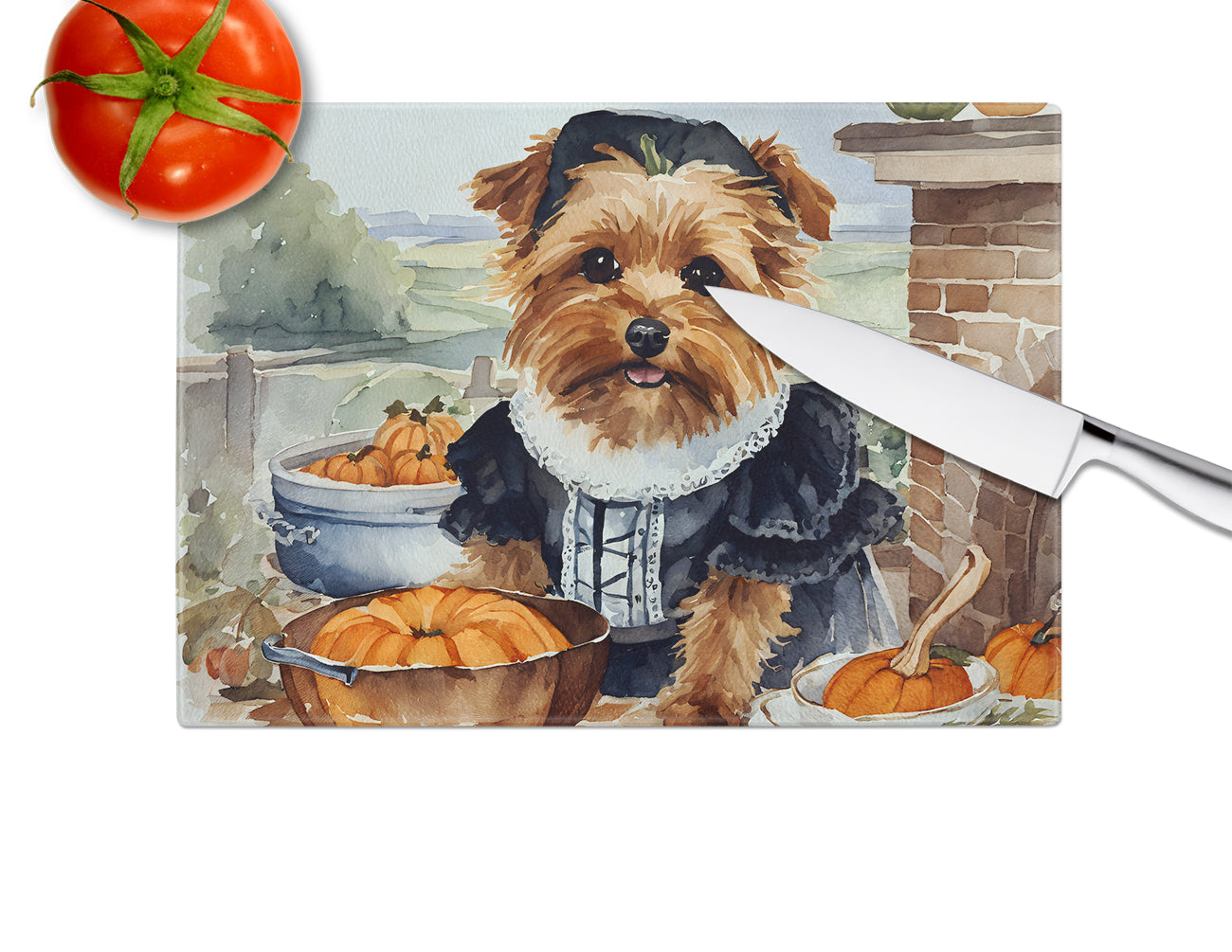 Norfolk Terrier Fall Kitchen Pumpkins Glass Cutting Board