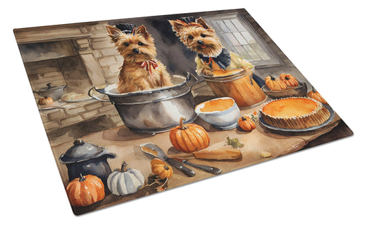 Buy this Norwich Terrier Fall Kitchen Pumpkins Glass Cutting Board