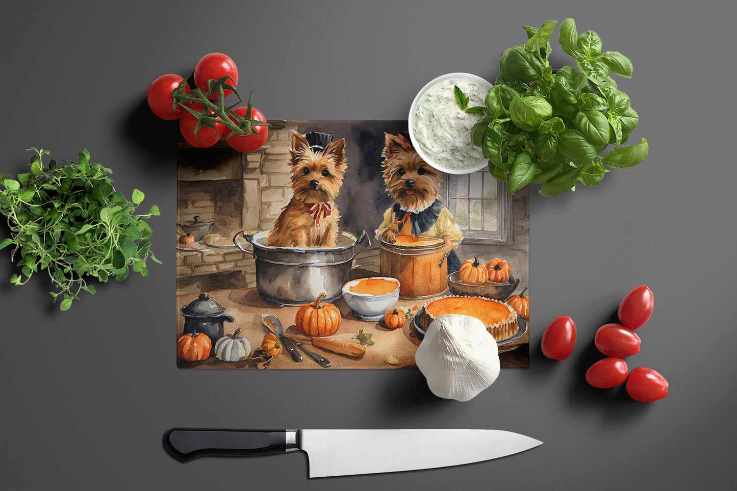 Norwich Terrier Fall Kitchen Pumpkins Glass Cutting Board