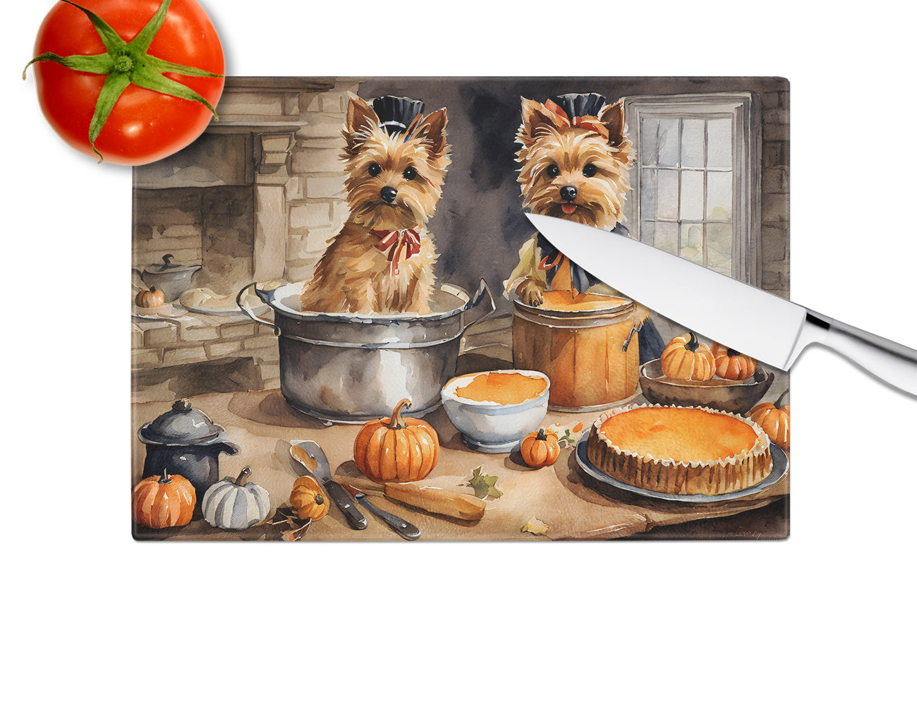 Norwich Terrier Fall Kitchen Pumpkins Glass Cutting Board